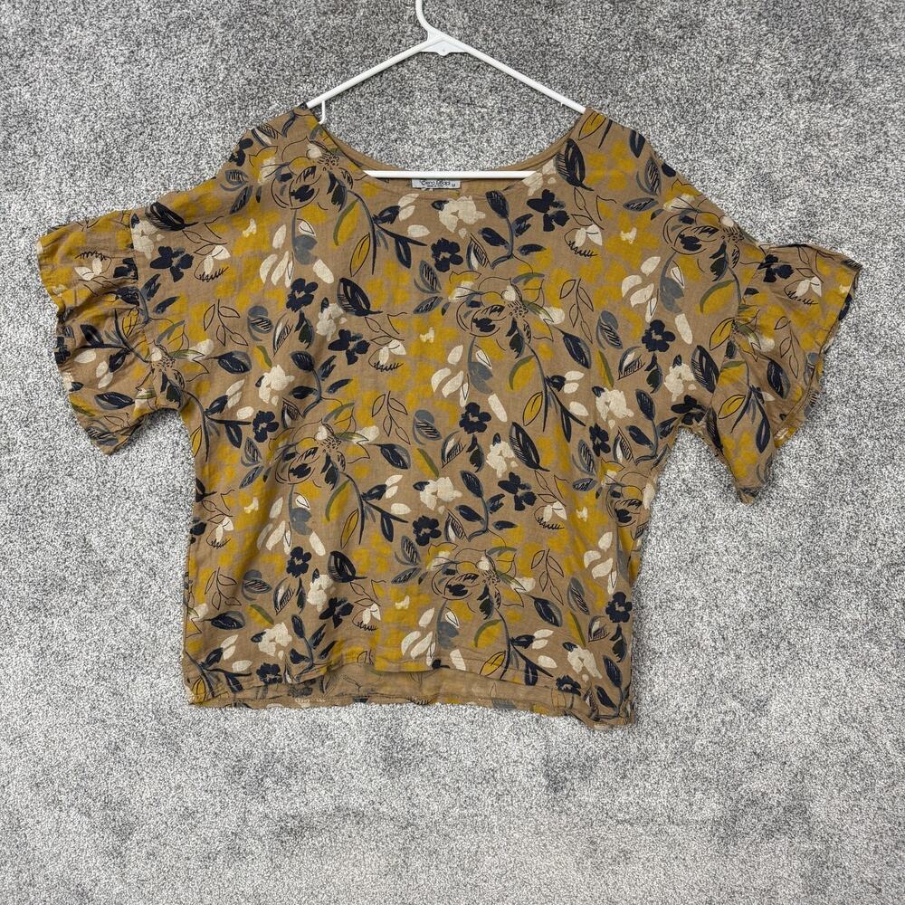 Vintage 80s Elena Baldi Blouse Medium Tan Linen Floral Boho Cottagecore Italy